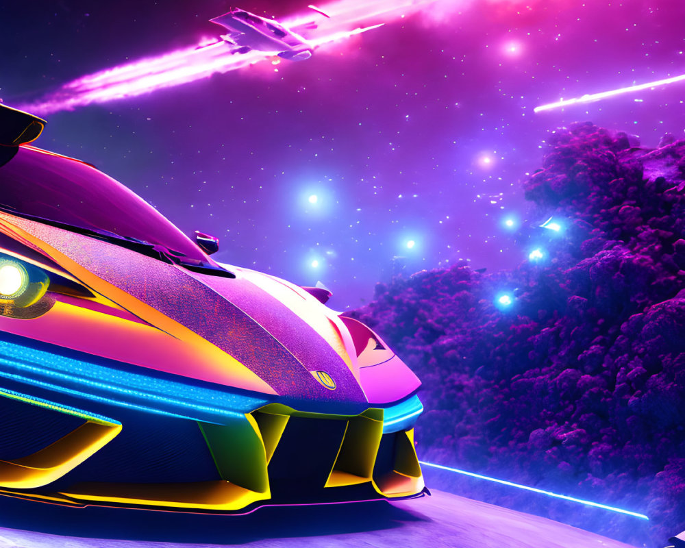 Colorful sports car in futuristic space-themed background with neon-lit landscape and spaceships.