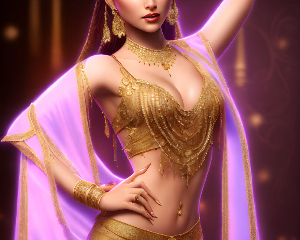 Glamorous female character in golden outfit with magical purple aura on warm bokeh background