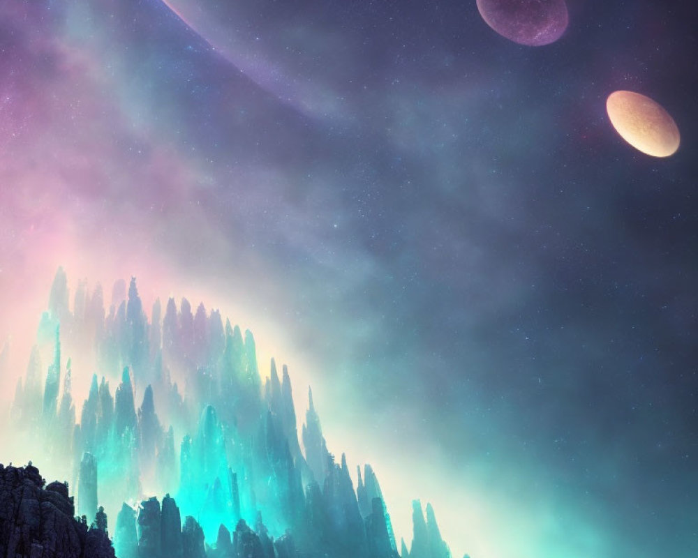 Fantastical landscape with towering crystal formations and cosmic elements