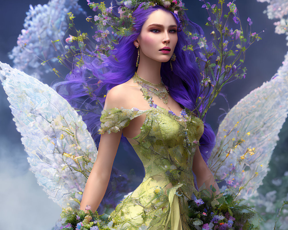 Vibrant purple-haired fairy in green floral dress on misty blue backdrop