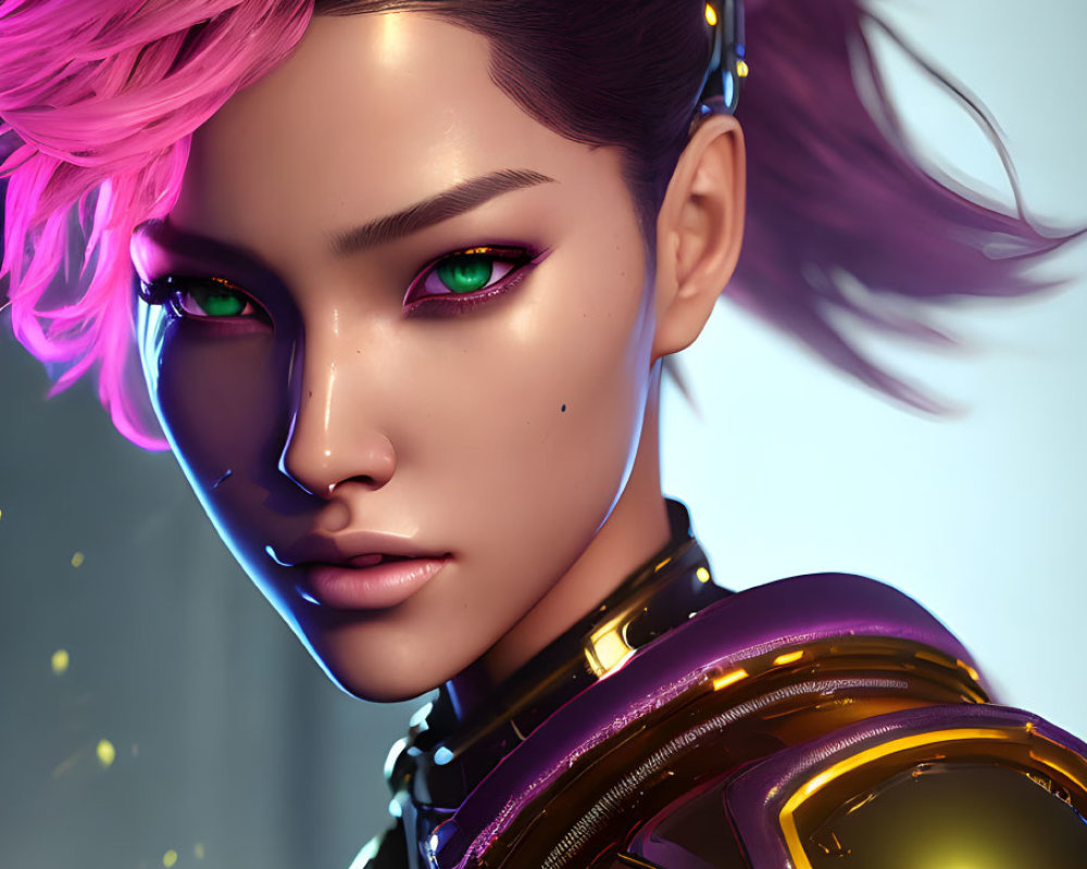 Vibrant pink hair and green eyes on woman in futuristic armor