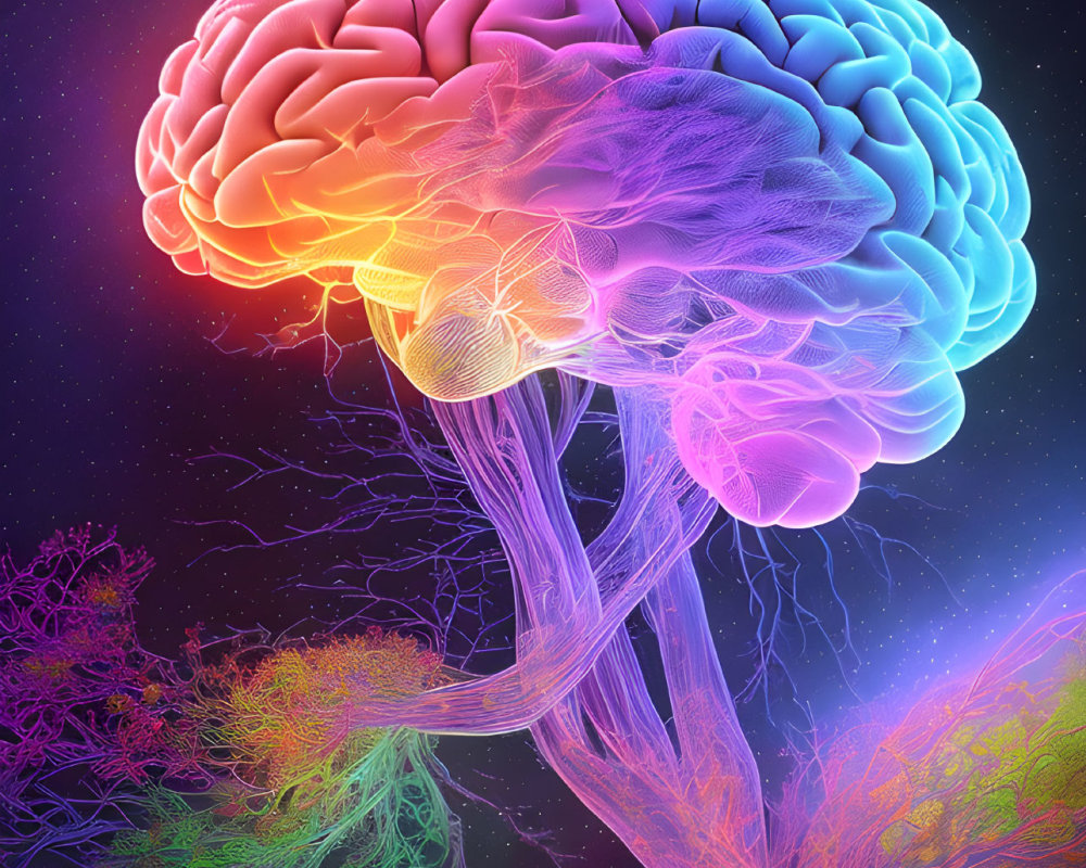 Colorful Human Brain Illustration with Tree-Like Structure in Neon Colors