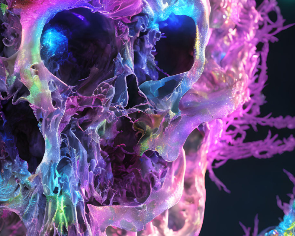 Colorful neon skull art with coral-like textures on dark backdrop