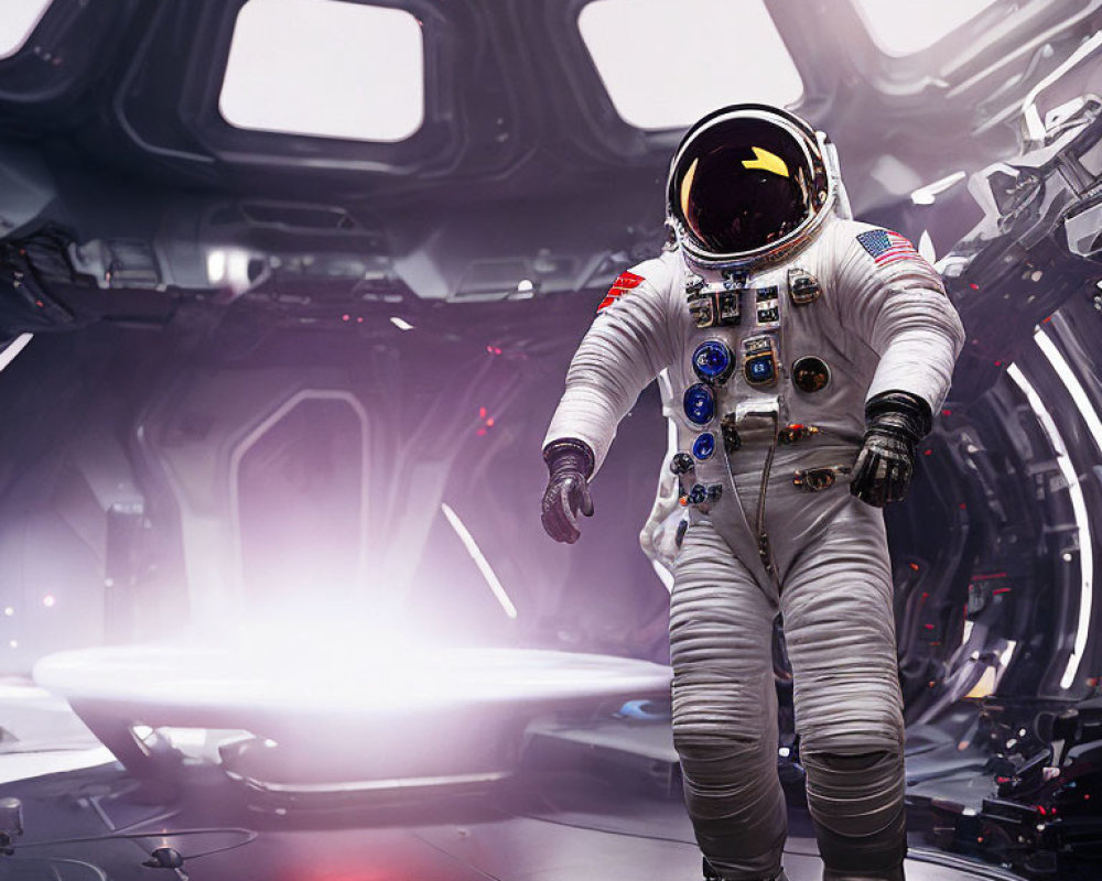 Astronaut in white spacesuit with badges in futuristic spacecraft