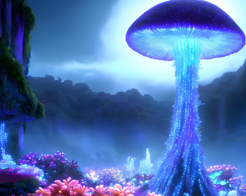 Glowing oversized mushroom in neon landscape under night sky