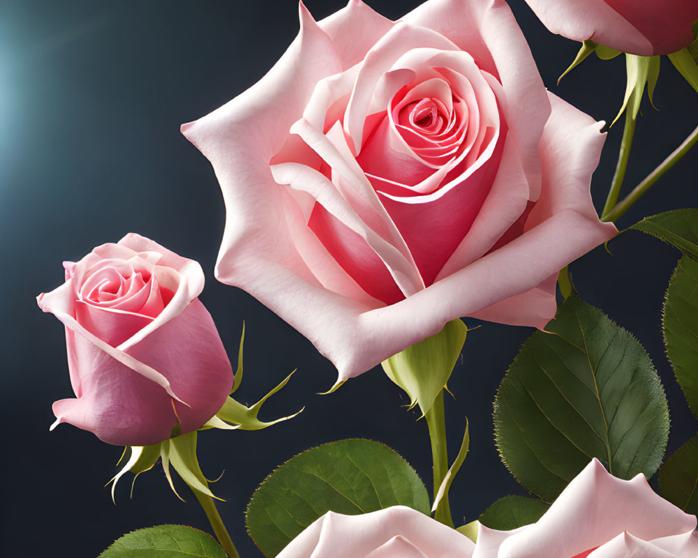 Three pink roses with green leaves on dark background