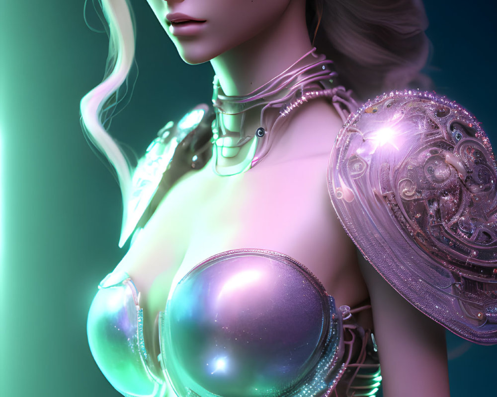 Female Figure in Silver Futuristic Armor with Glowing Elements and Blonde Hair on Blue-Green Background