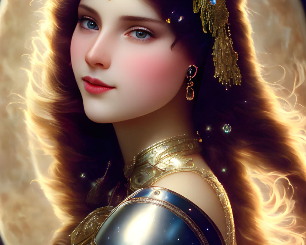 Fantasy portrait of a woman in celestial-themed armor with golden headwear and moon backdrop