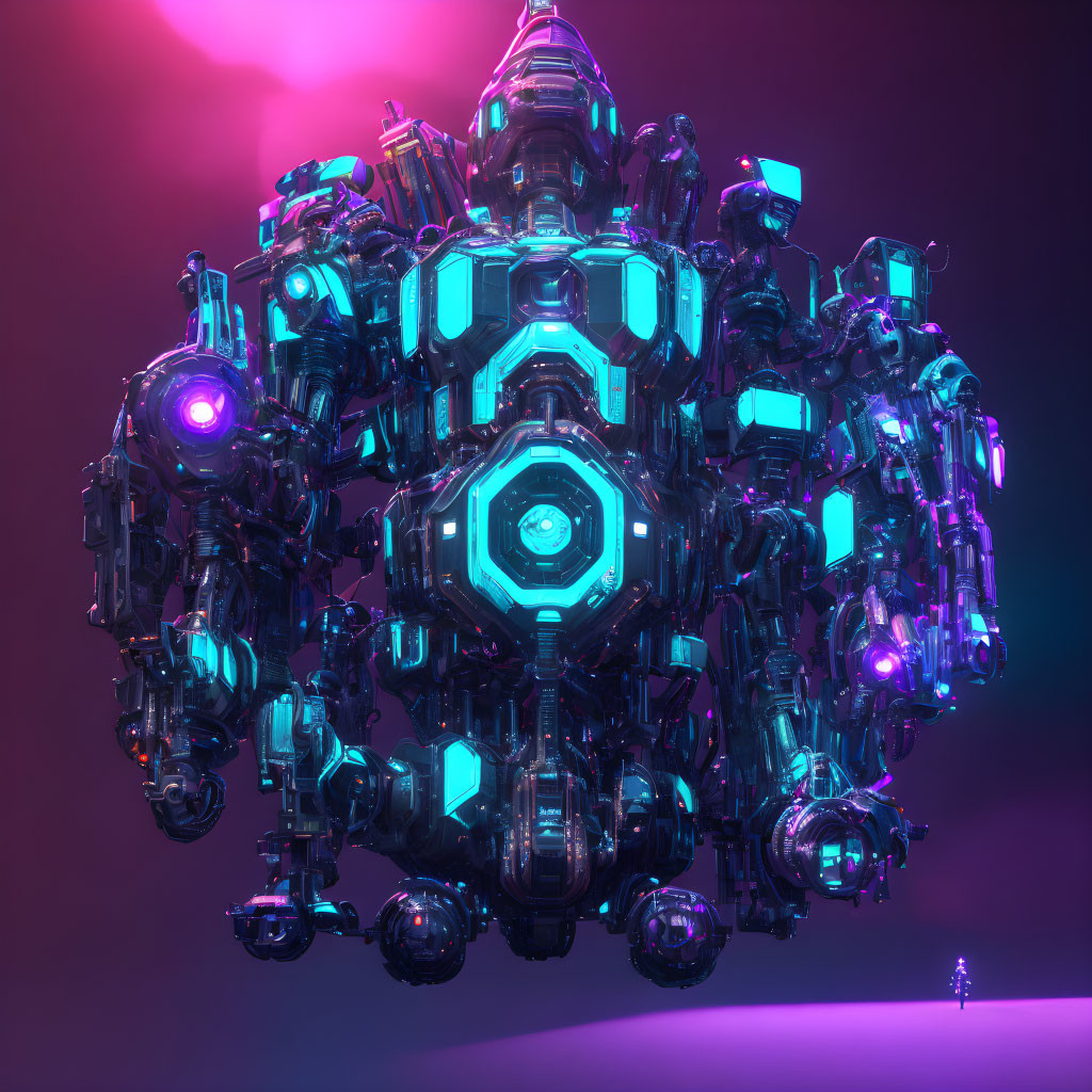 Giant futuristic robot with glowing blue accents on neon backdrop