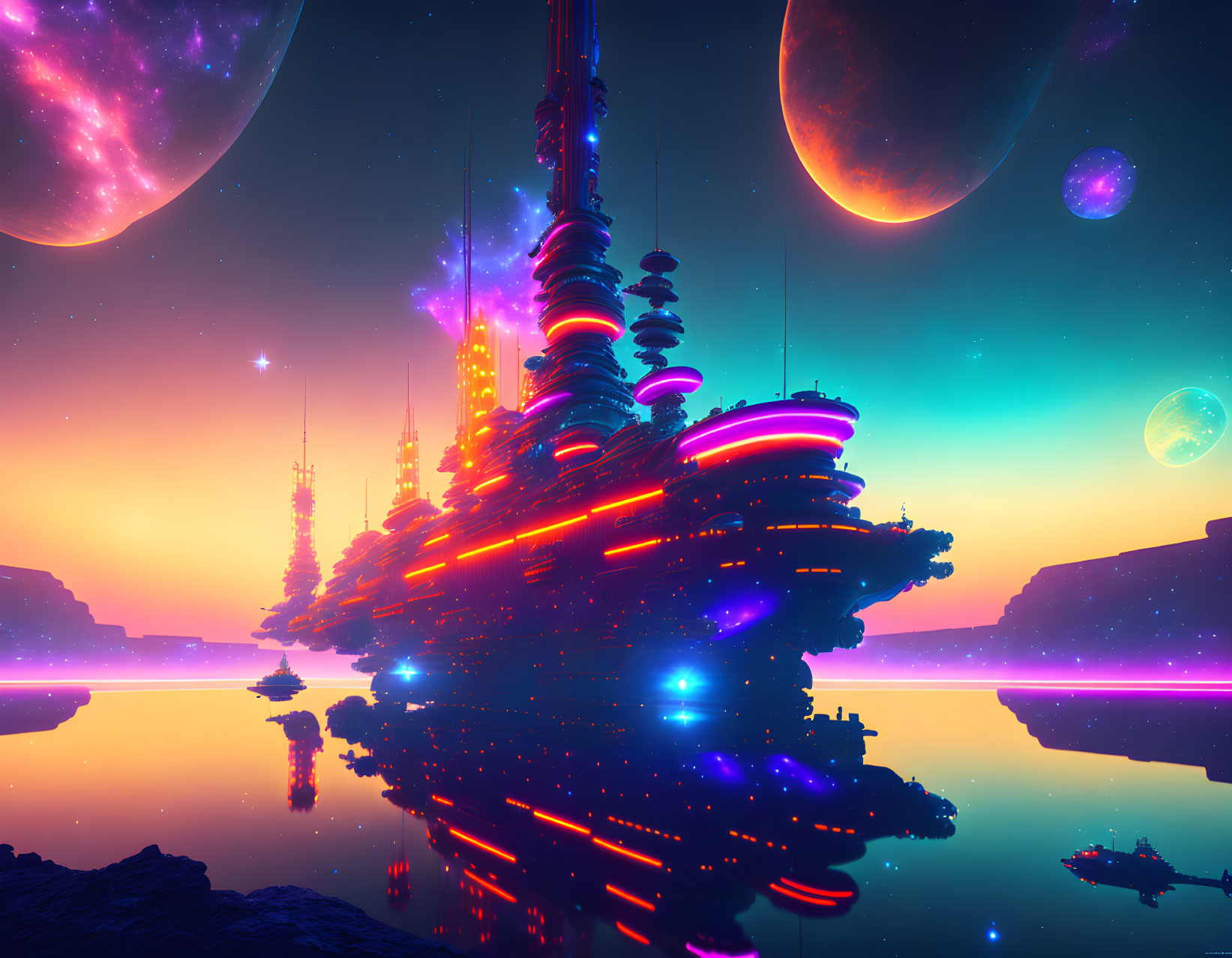 Futuristic sci-fi cityscape with neon lights and celestial bodies at dusk