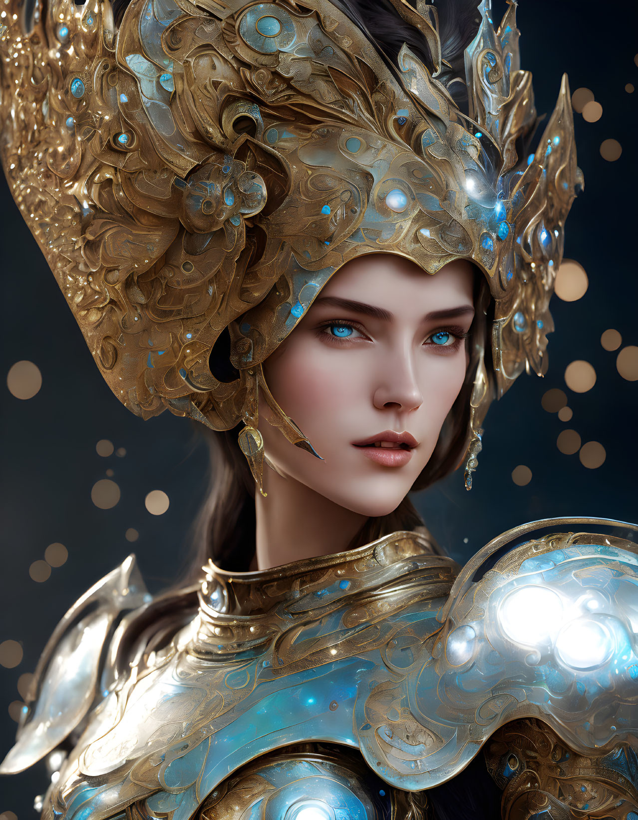 Portrait of Woman in Blue Eyes and Golden Armor with Glowing Details