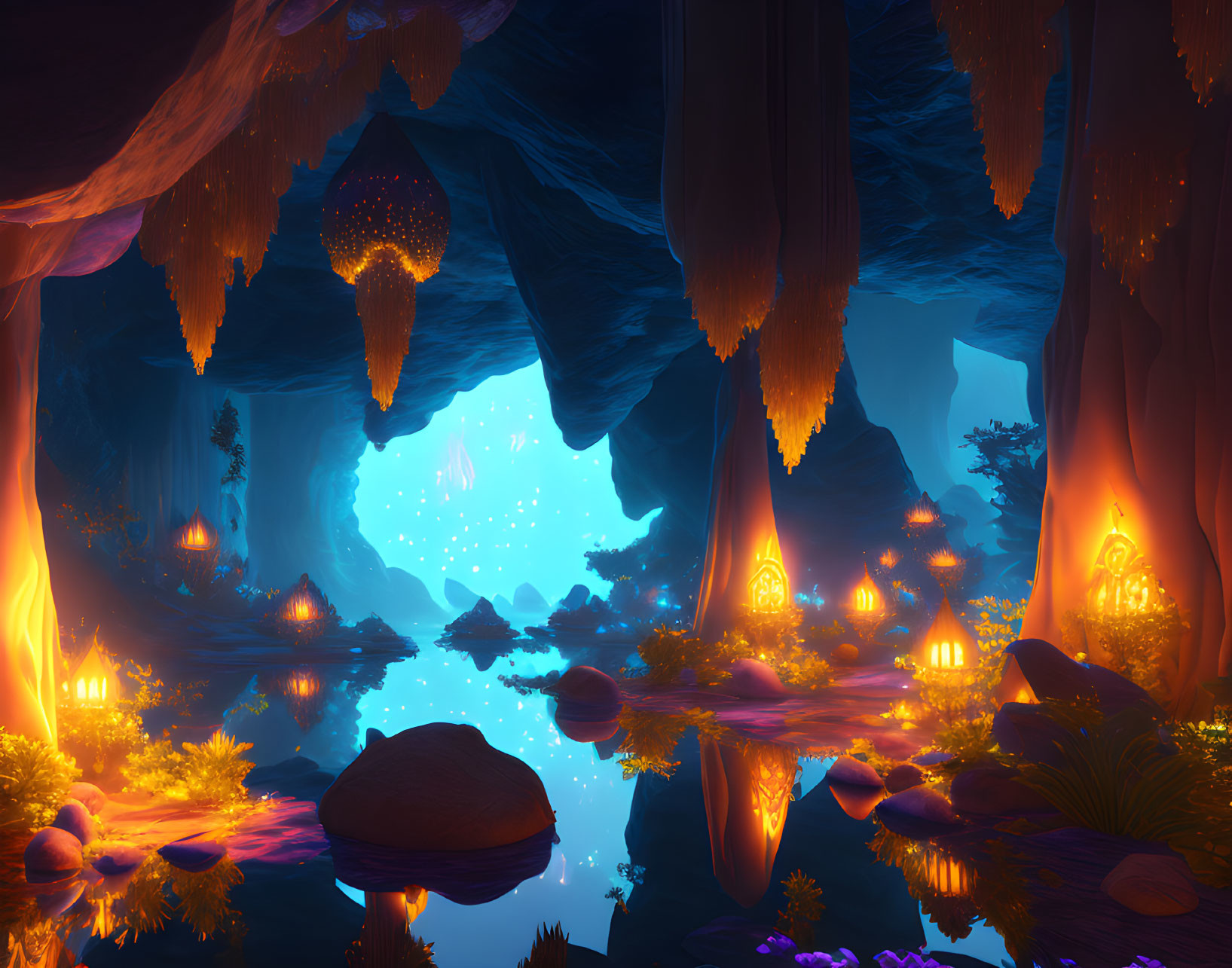 Glowing plants and lanterns illuminate mystical cave with tranquil pond