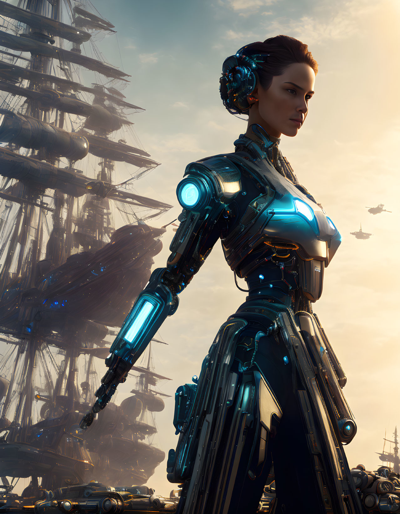 Female android in futuristic setting with old sailing ship and flying vehicles at sunset