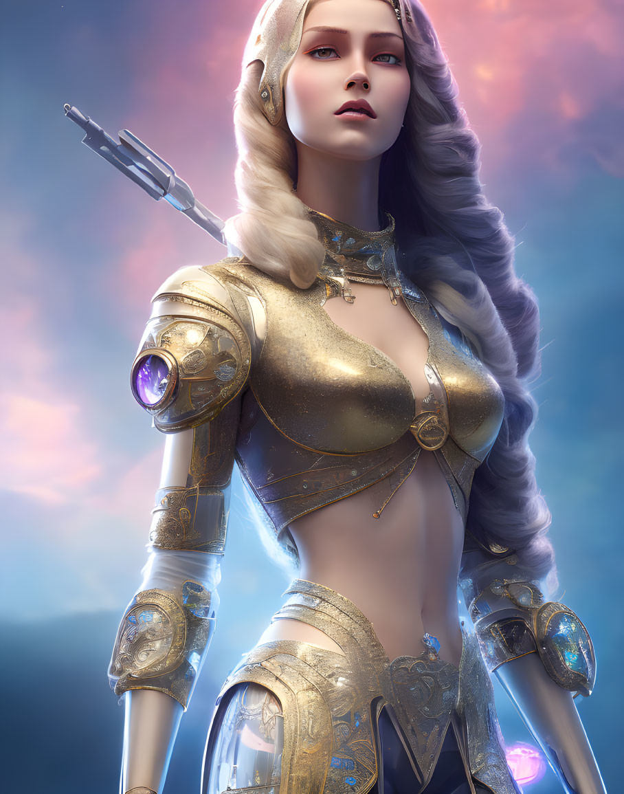 Futuristic digital artwork: Woman with silver hair and golden armor