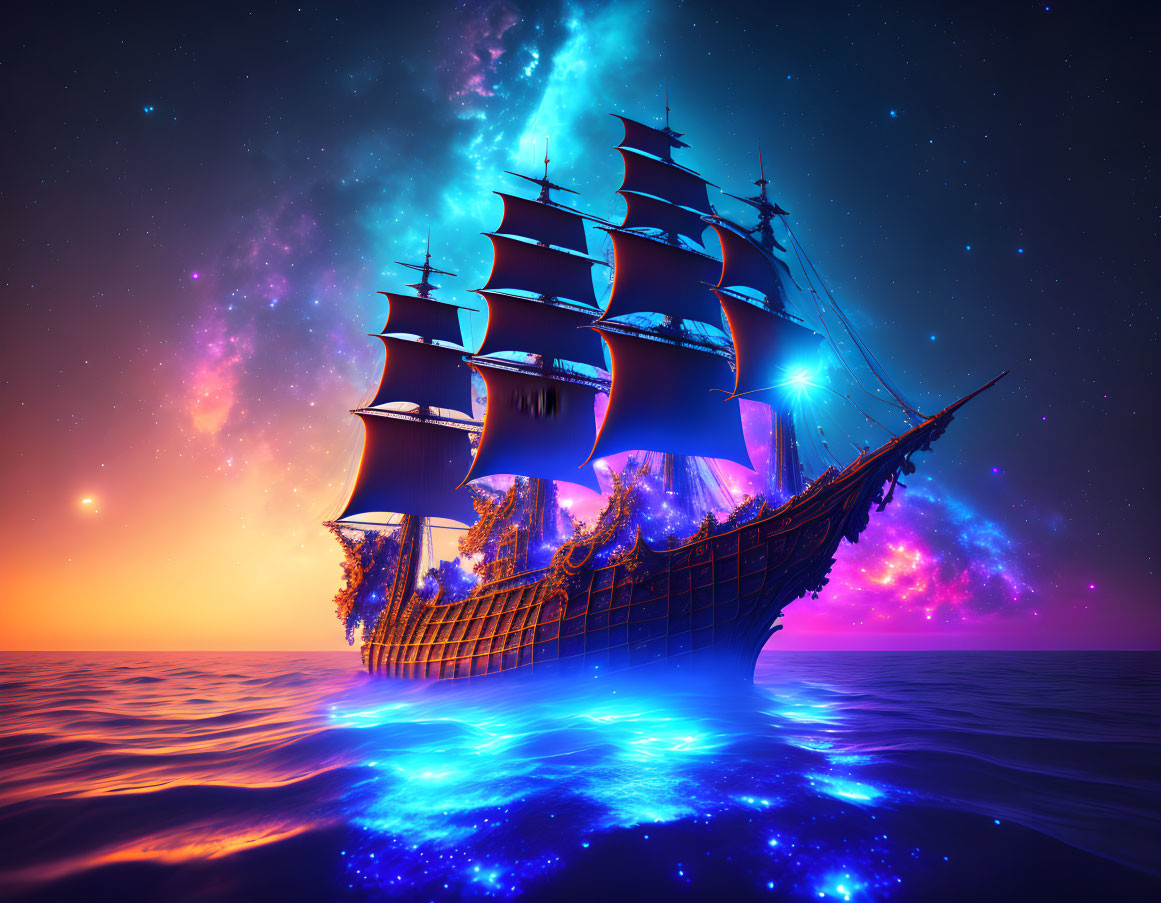 Tall ship sailing on glowing sea under vibrant night sky