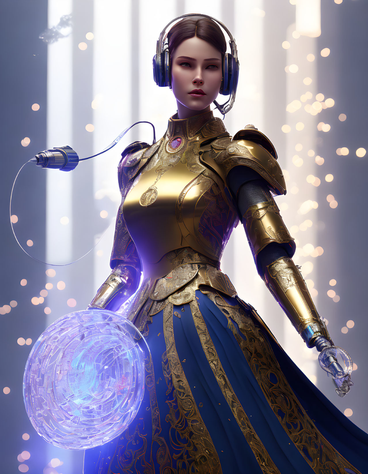 Futuristic lady in ornate armor holding glowing sphere amid mystical ambiance