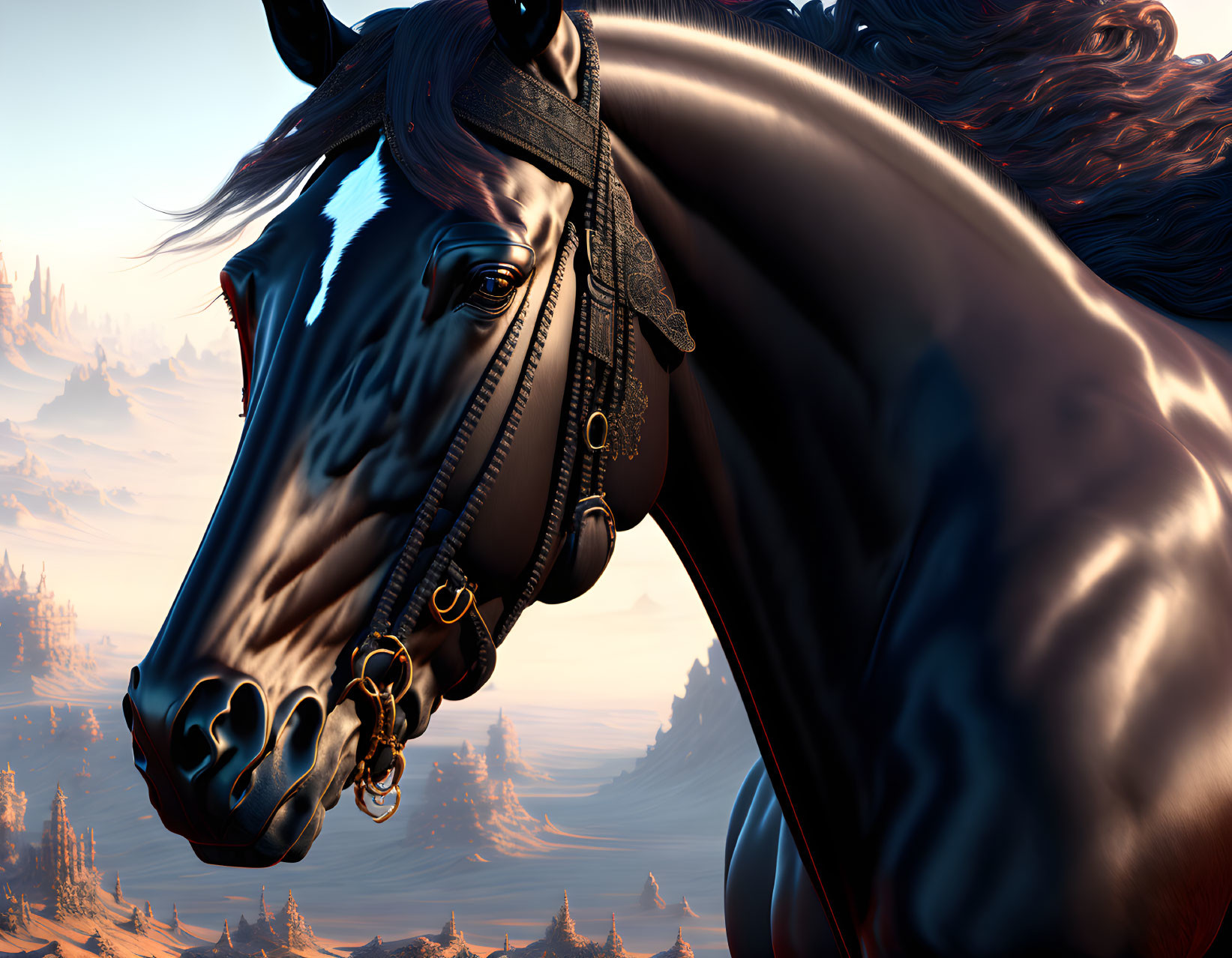 Majestic black horse with intricate bridle in mountainous sunset scene