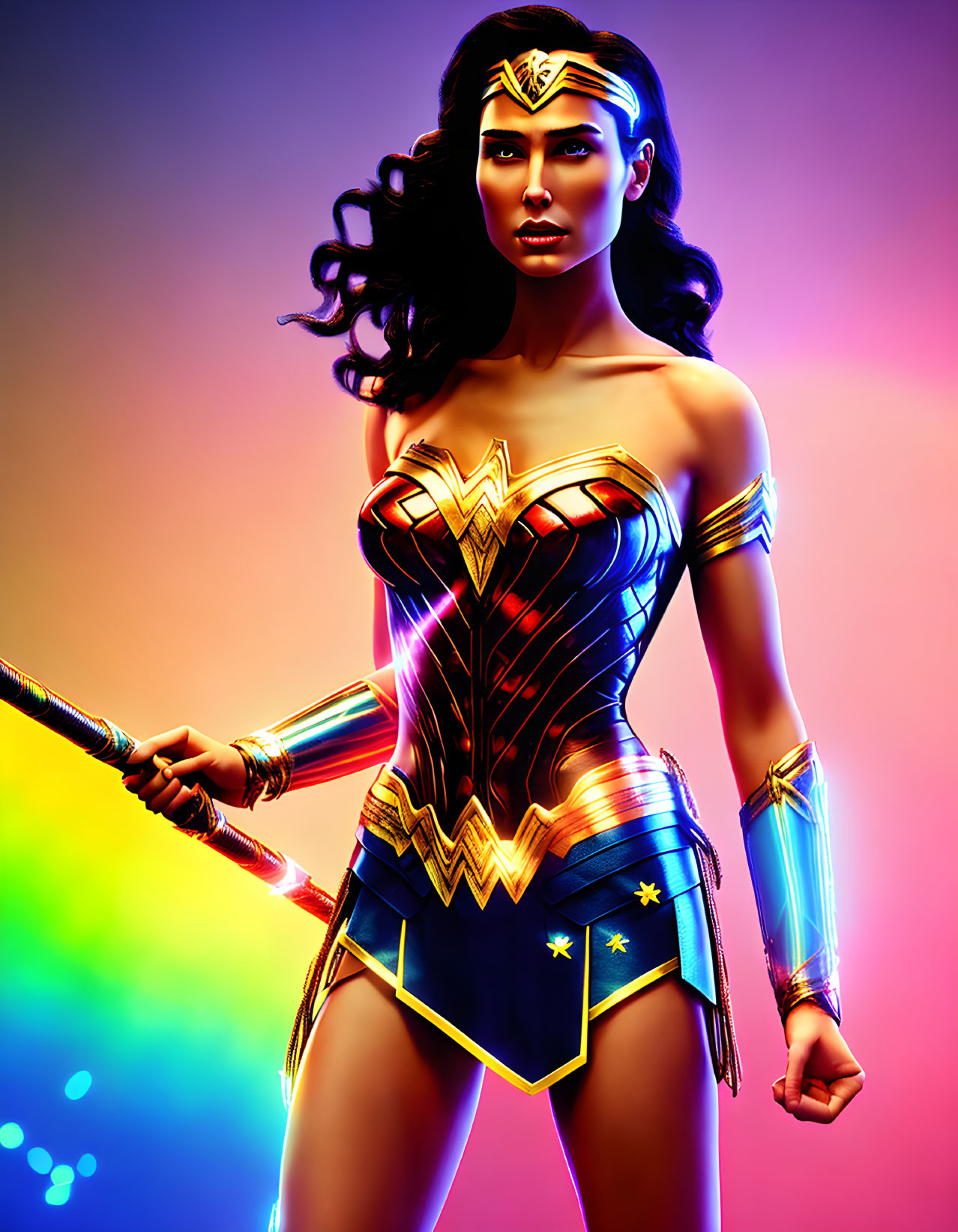 Female superhero with tiara, armored suit, glowing lasso on vibrant background