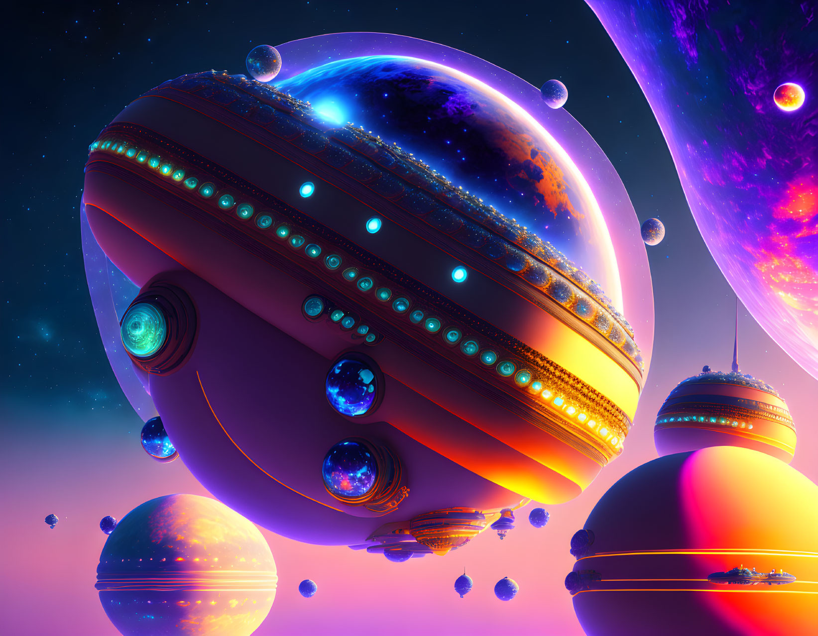 Glowing futuristic spheres in cosmic setting with planets and stars