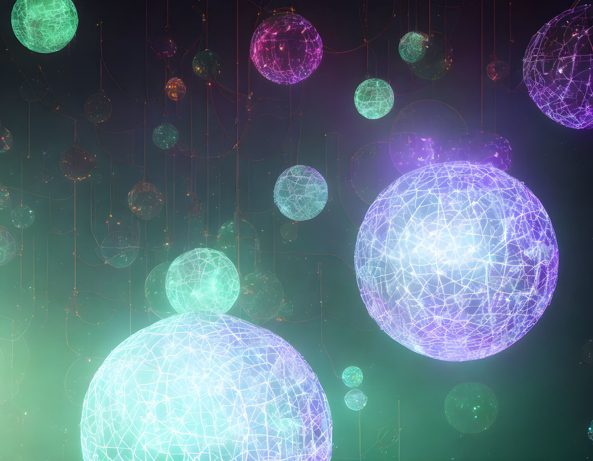 Wireframe spheres connected by lines in neon color scheme