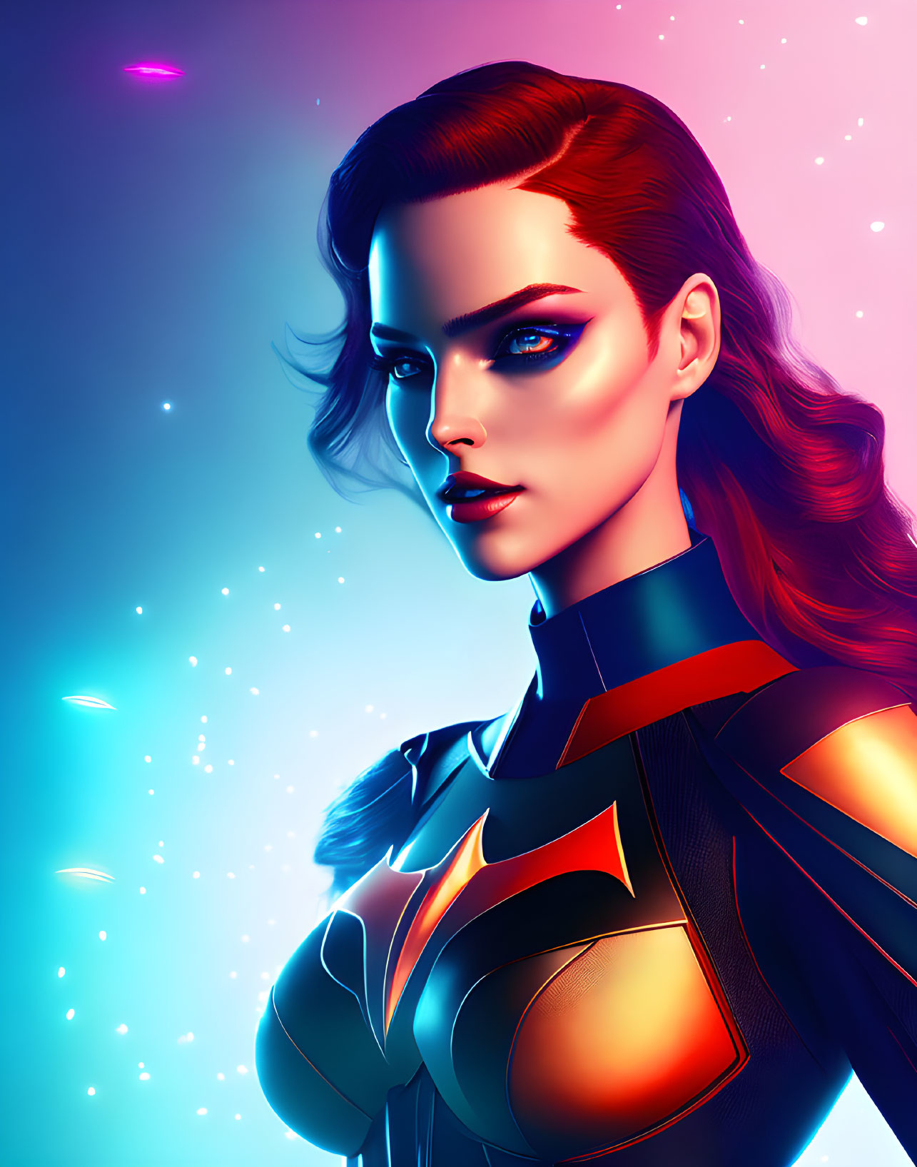 Female superhero in futuristic suit under neon sky