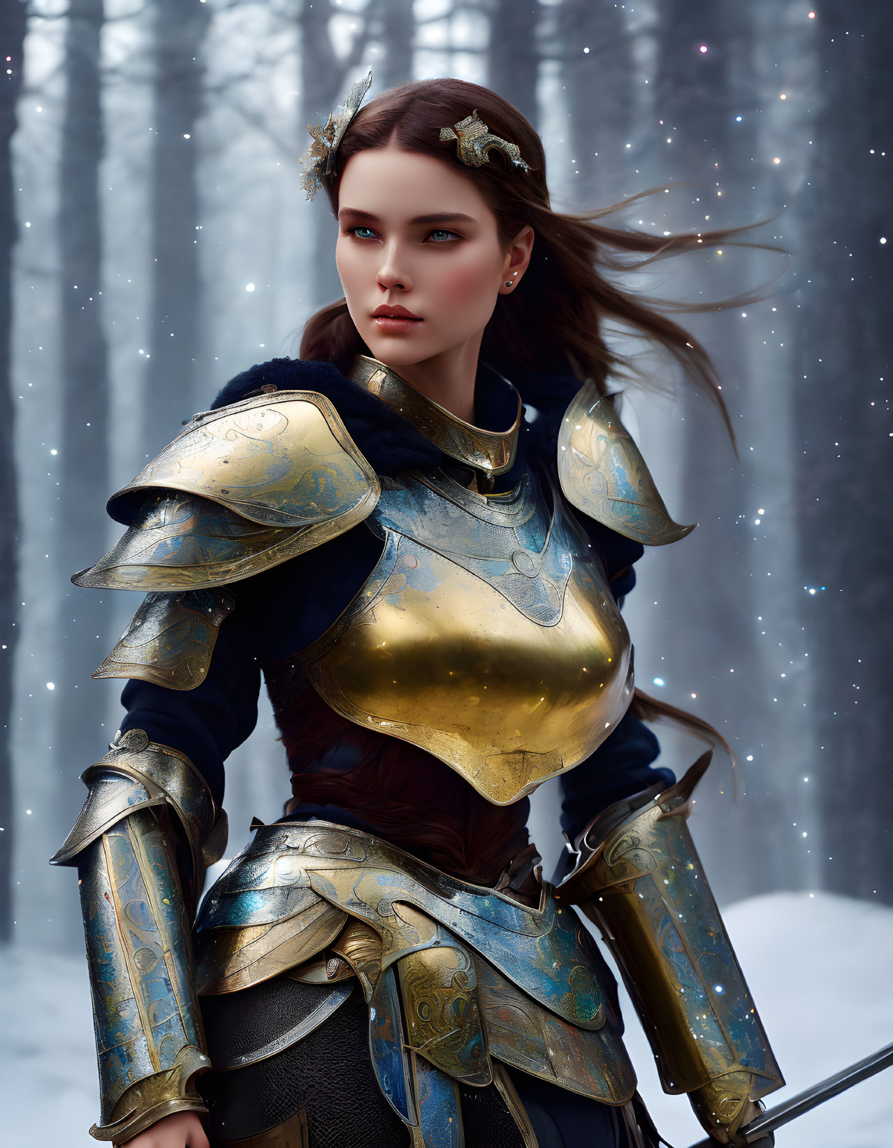 Medieval armored woman in snowy forest with golden accents