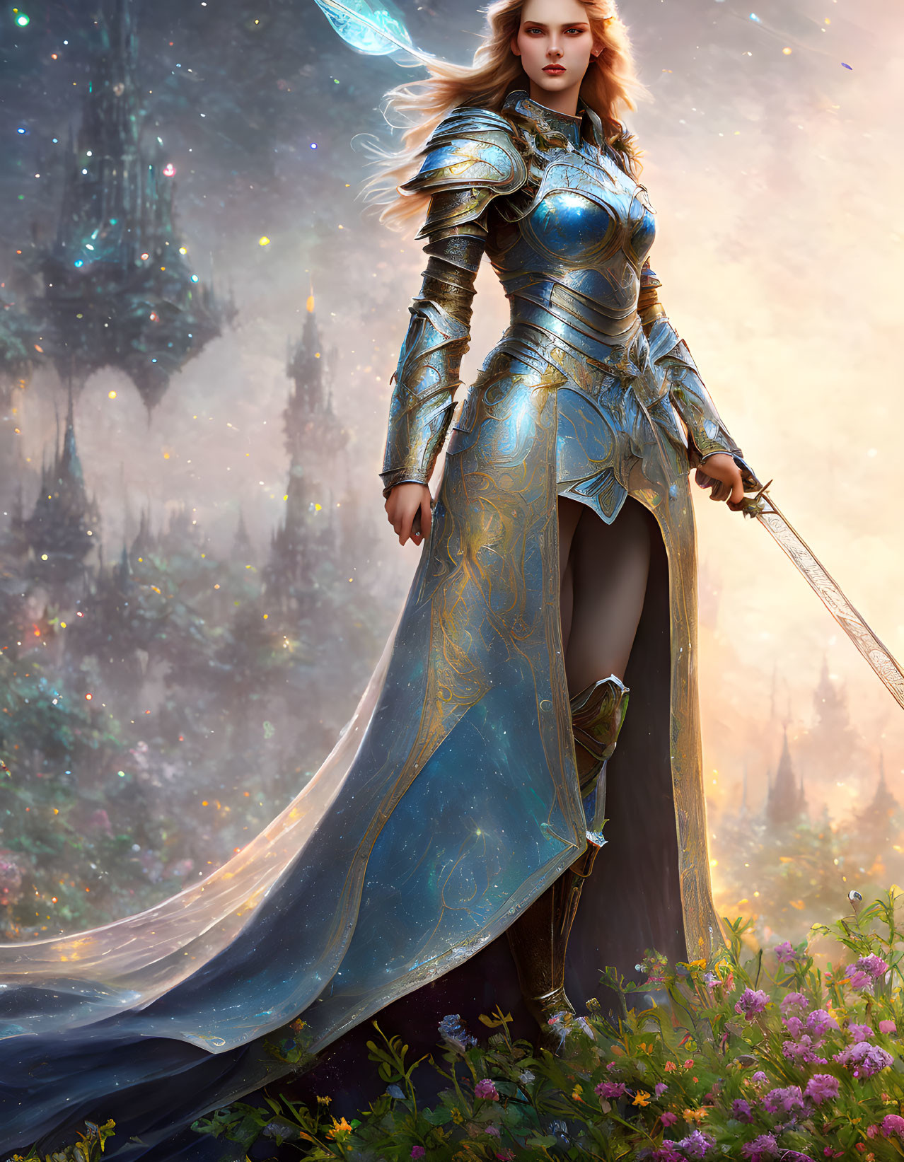 Female warrior in blue armor with glowing sword at fantasy castle