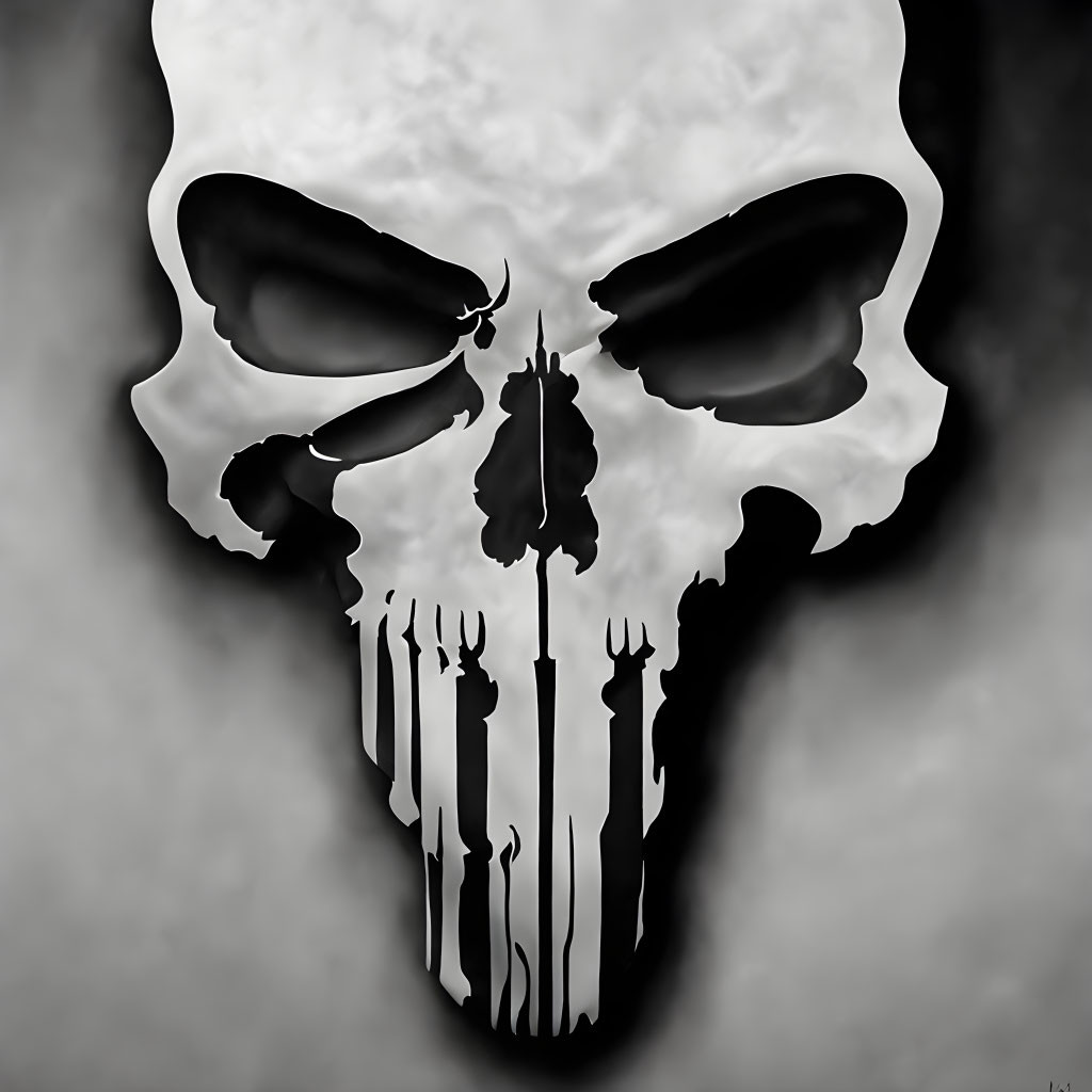 Stylized skull with feather motif and dripping shapes on gray background