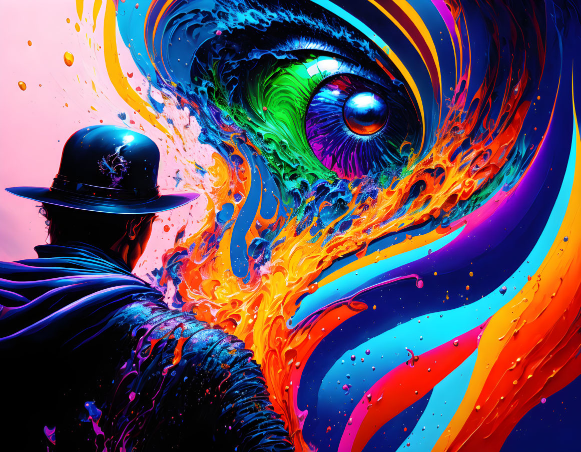 Colorful surreal digital artwork: Person with hat observing swirling paint explosion & eye