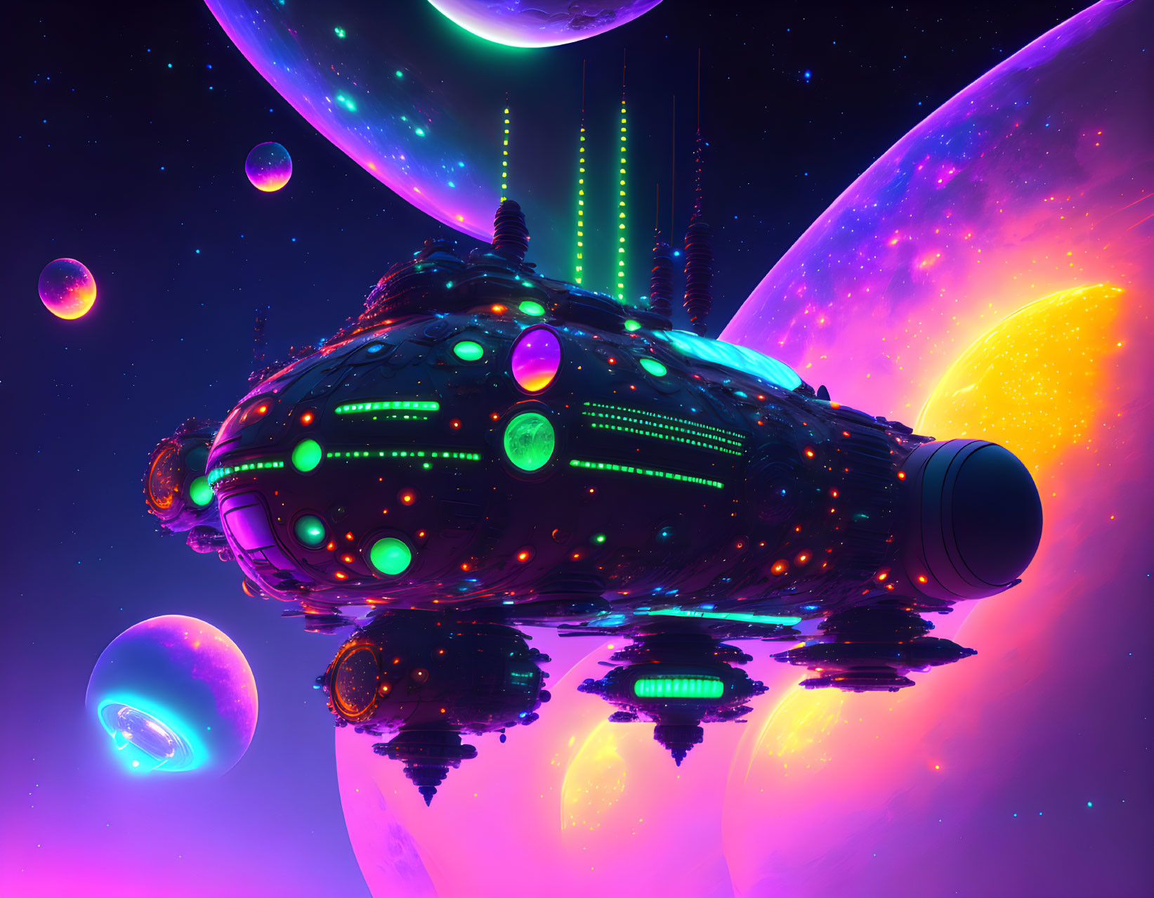 Futuristic spaceship in vibrant outer space scene