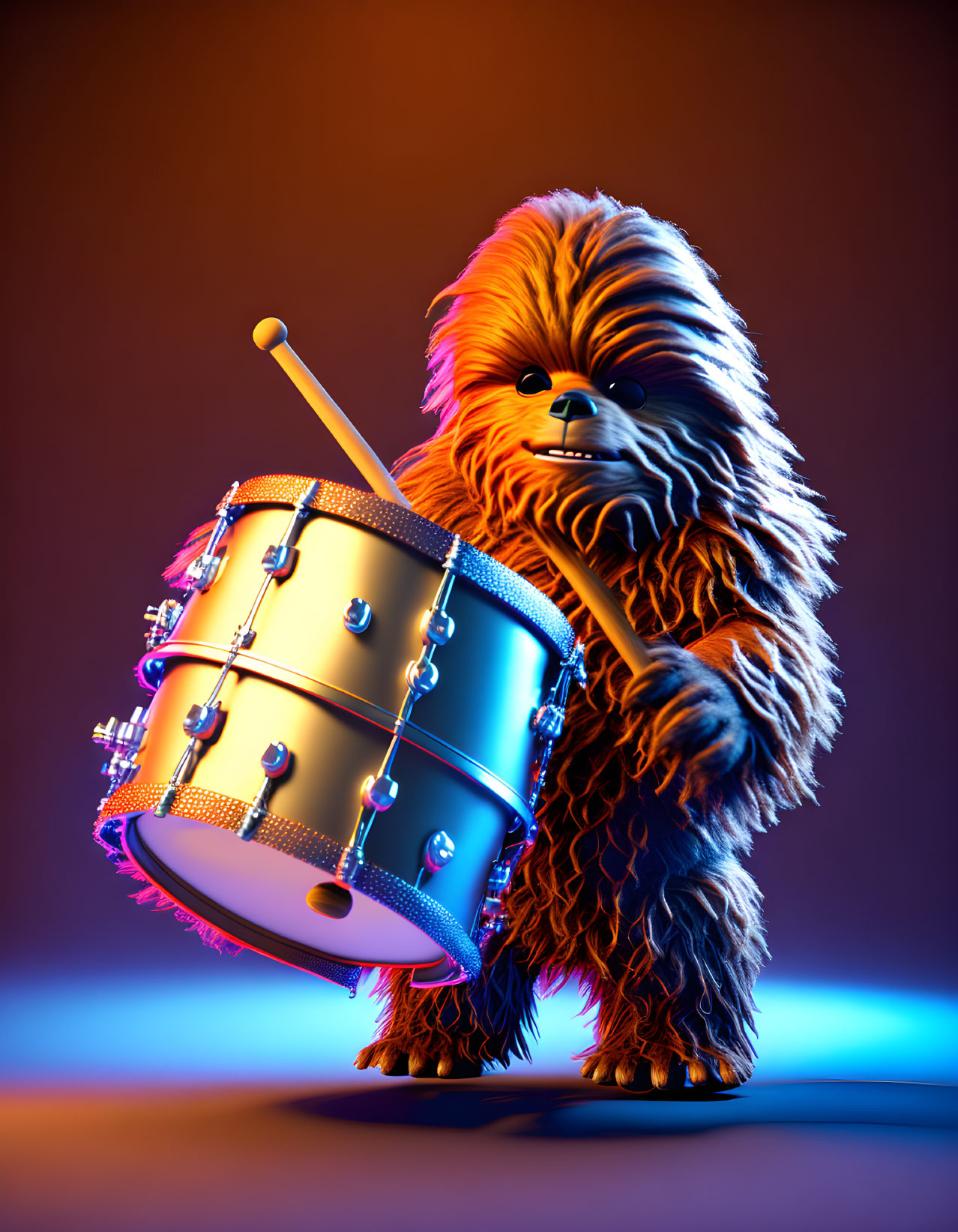 Brown Furry Creature with Silver Snare Drum on Red & Blue Gradient Background