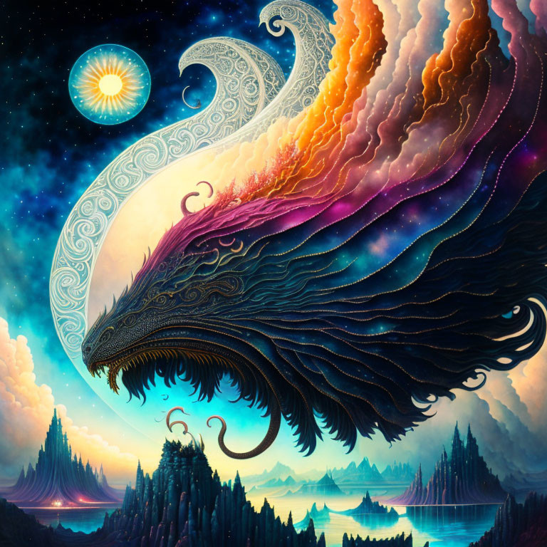 Fantastical cosmic dragon artwork with swirling clouds and starry sky