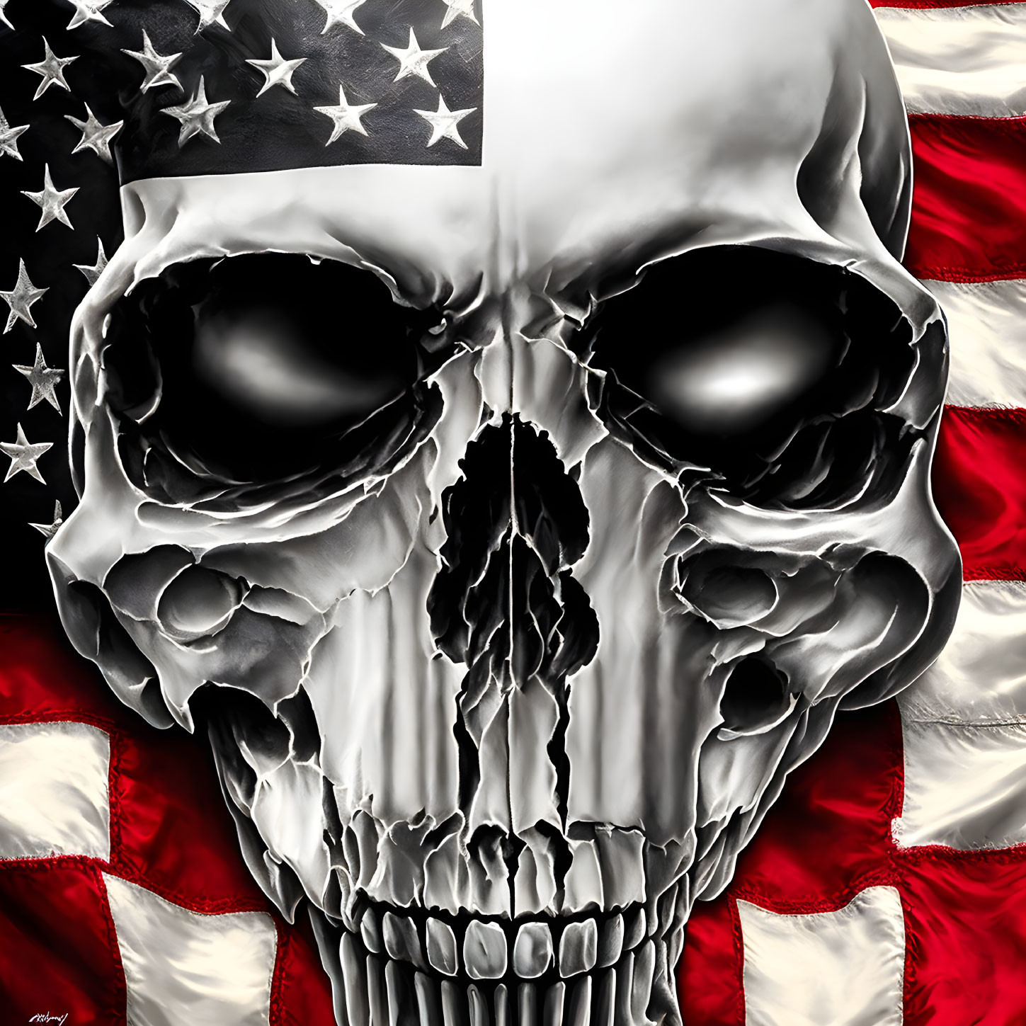 Skull overlay on American flag symbolizes patriotic macabre fusion