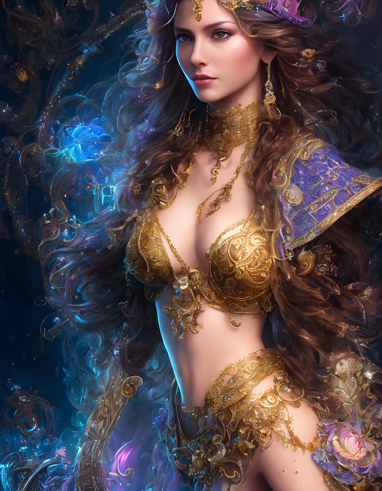 Fantasy artwork of woman in golden armor with magical blue wisps