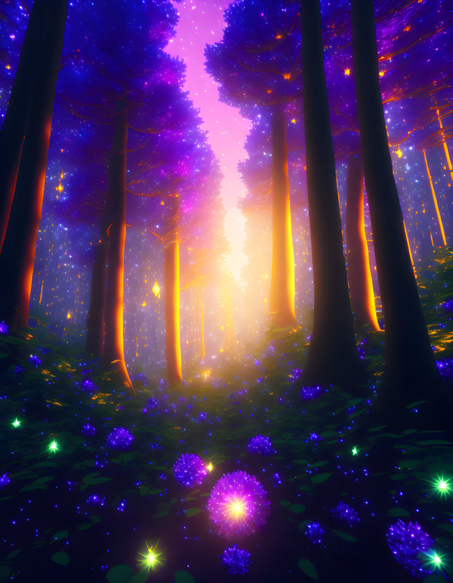 Vibrant purple forest with glowing flowers under starry sky