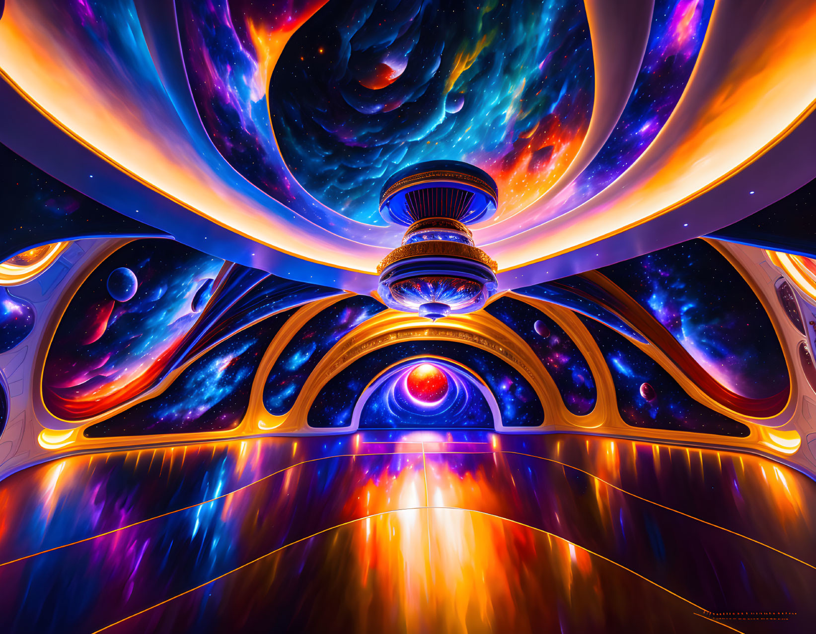 Futuristic interior digital art with cosmic murals & neon lighting