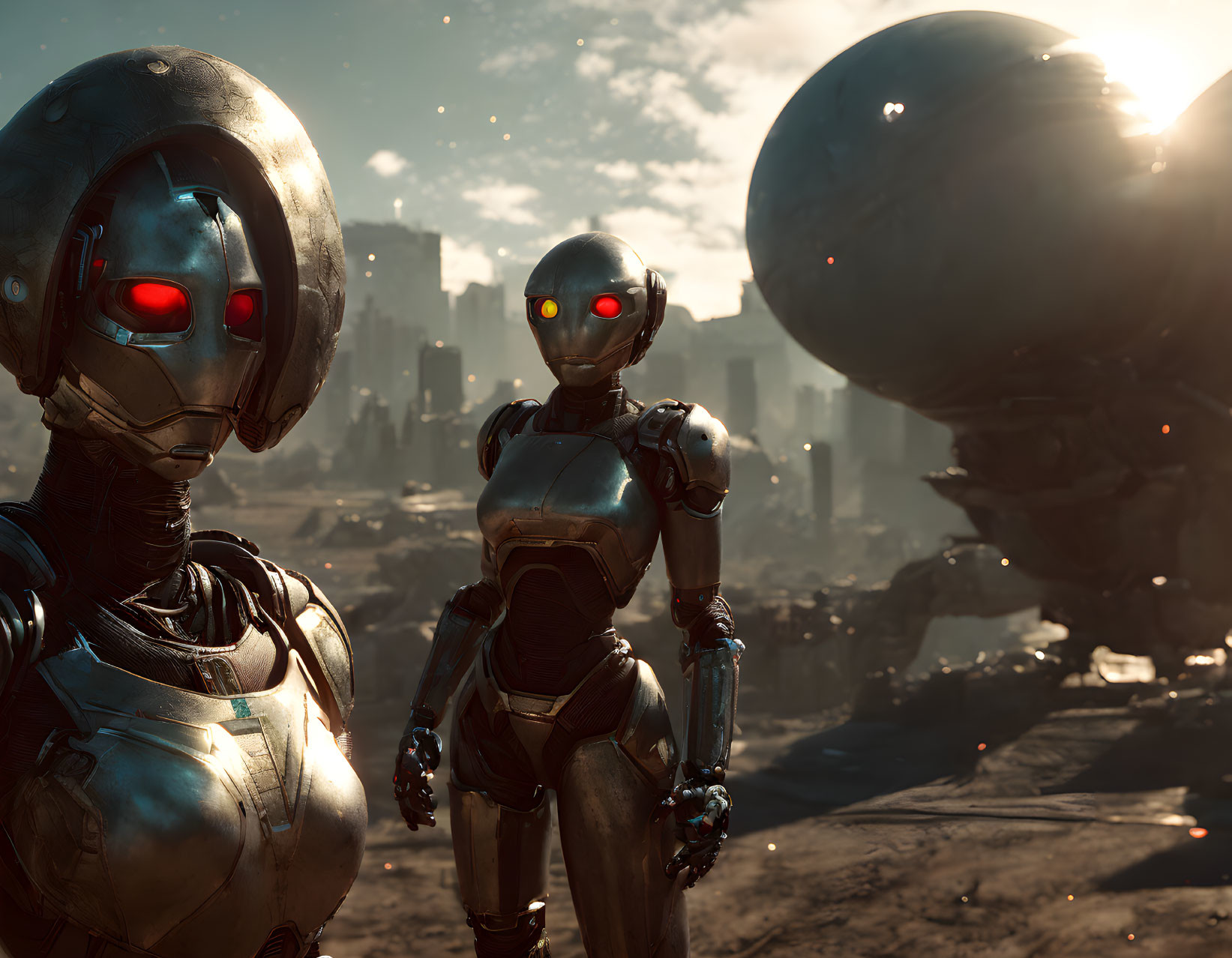 Glowing red-eyed humanoid robots in dystopian landscape