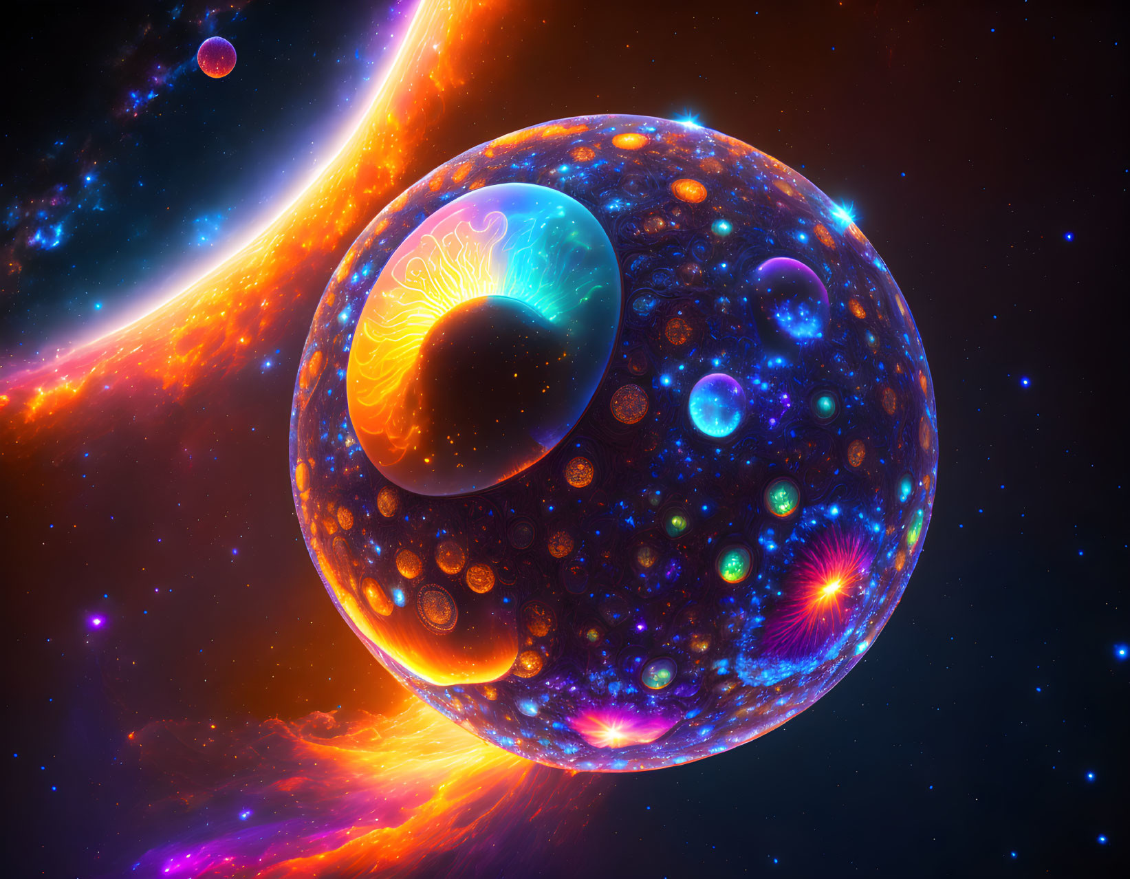 Colorful Celestial Scene with Glowing Orbs and Dynamic Textures