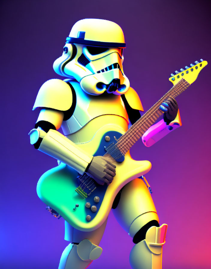 Stylized 3D Stormtrooper Playing Electric Guitar on Vibrant Gradient Background