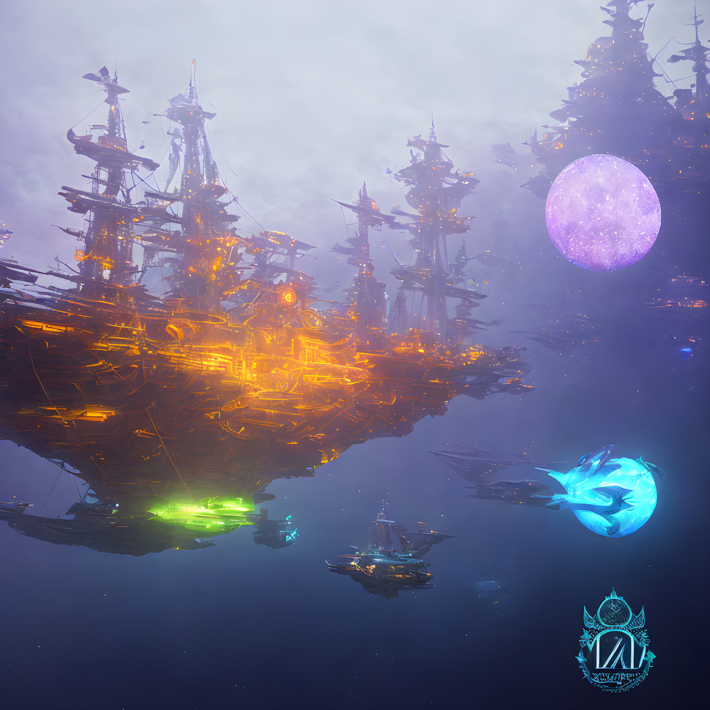 Futuristic illuminated ships in misty purple void with orb & ethereal creatures