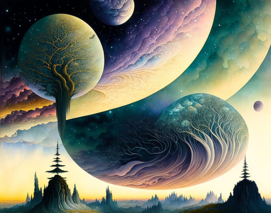 Vibrant surreal landscape with floating islands and celestial trees