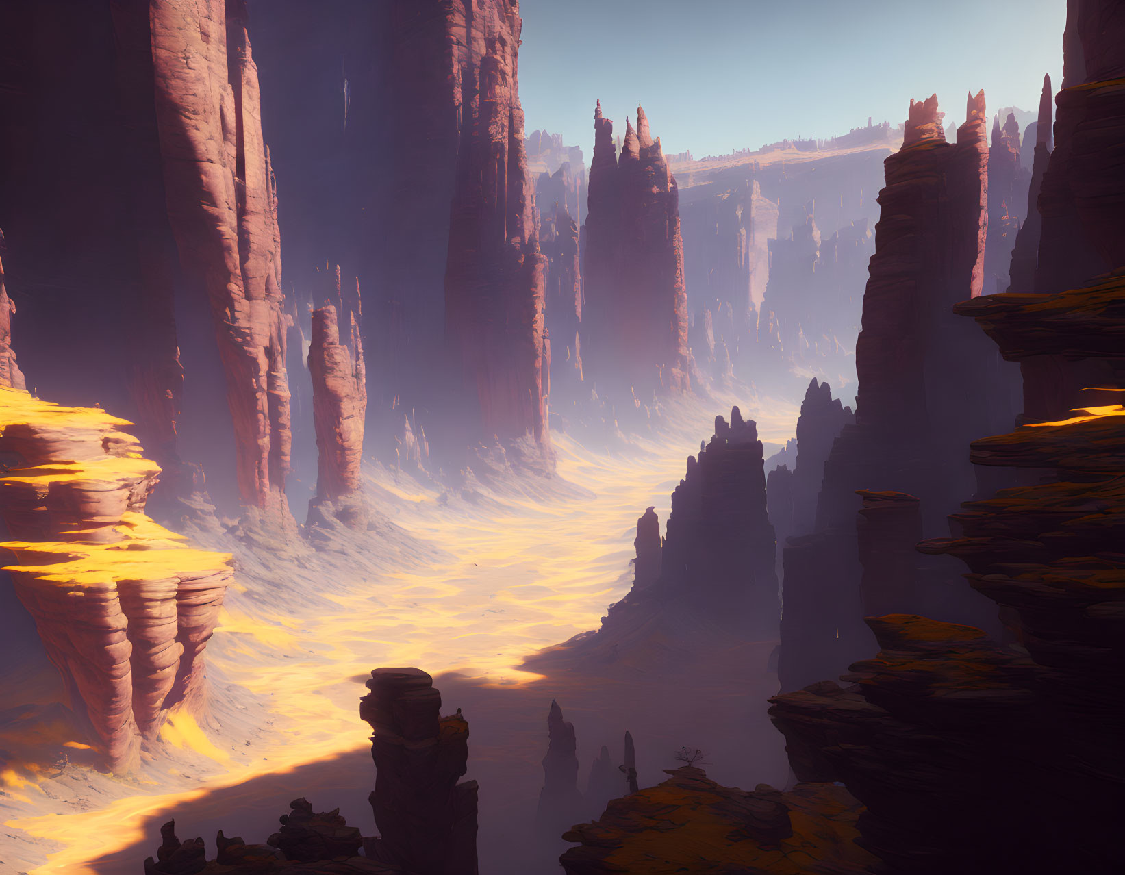 Majestic rock formations in golden light and haze