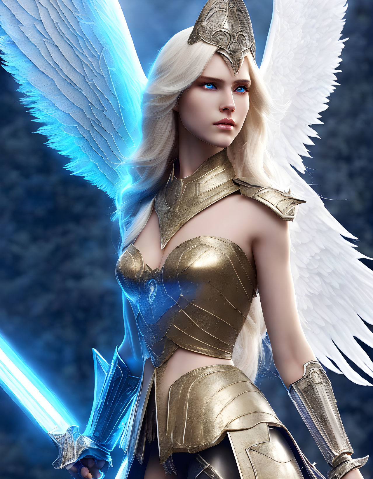 Blonde Female Warrior with White Wings and Blue Sword