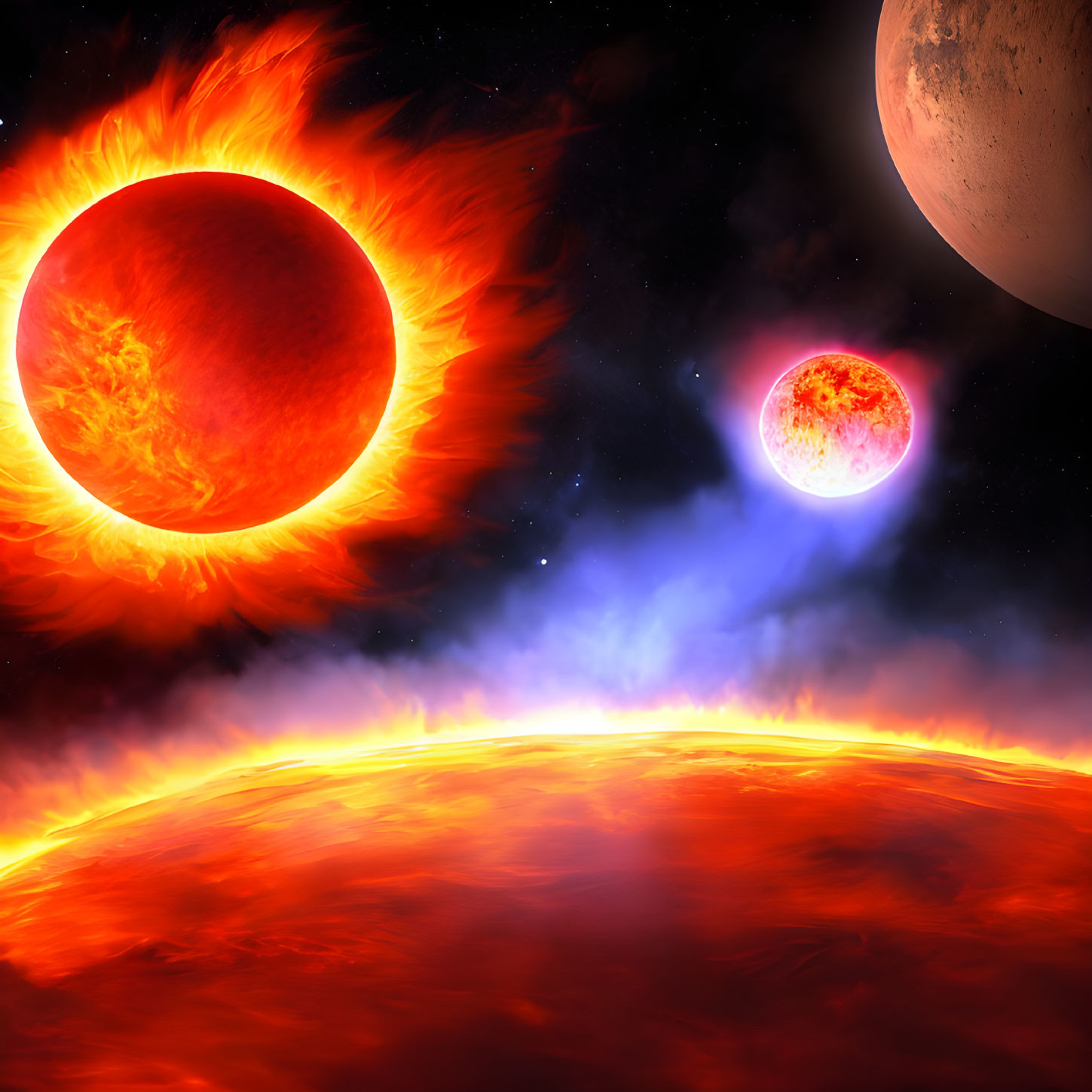 Large orange sun, star, and planet in vibrant space scene