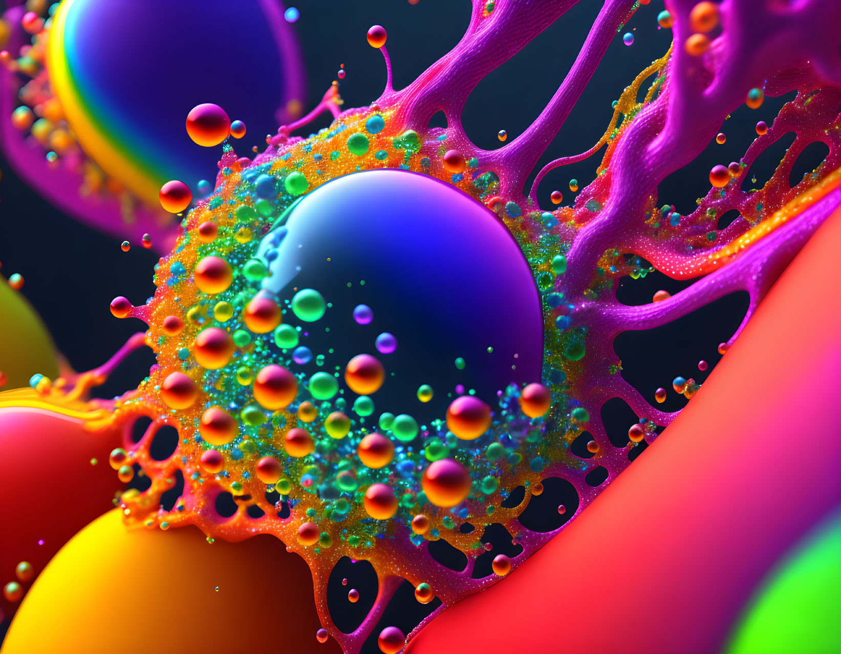 Colorful Glossy Spheres Surrounded by Liquid Splashes