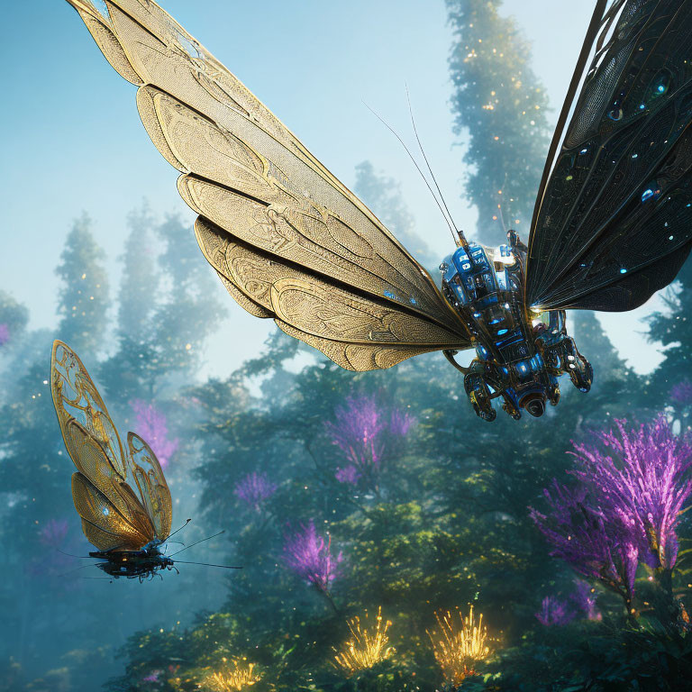 Mechanical dragonfly with intricate wings in vibrant forest.