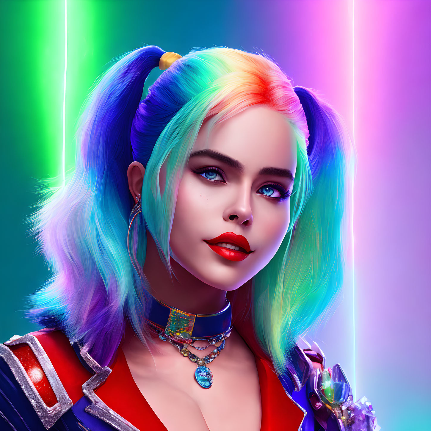 Vibrant digital portrait of a woman with blue and green hair, futuristic style