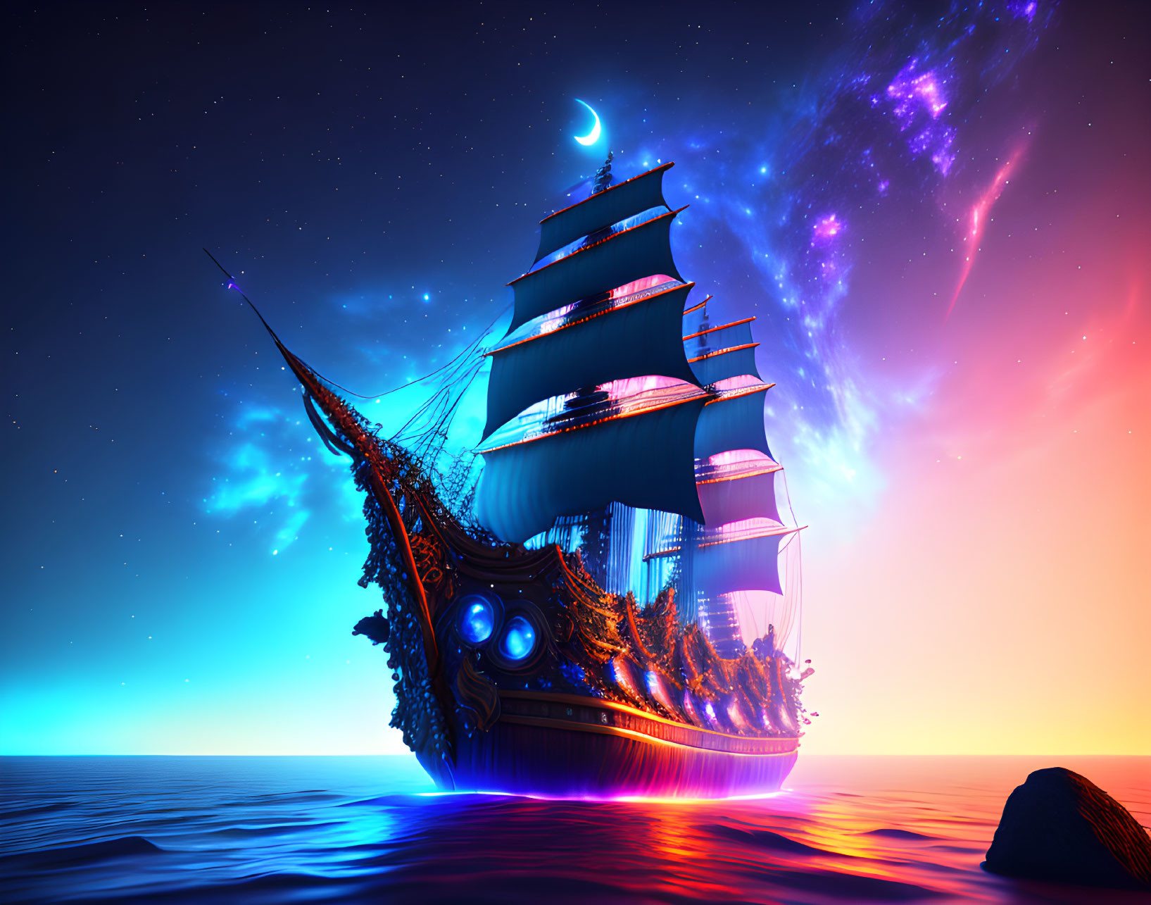 Mystical sailboat with blue lights on calm waters under vibrant night sky