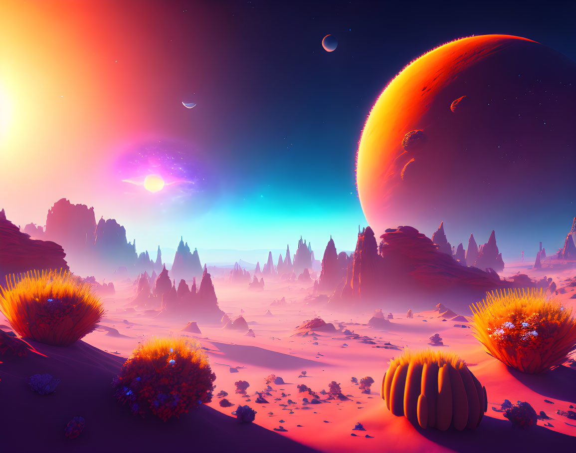 Colorful sci-fi landscape with alien flora, towering rocks, and multiple celestial bodies at sunset.