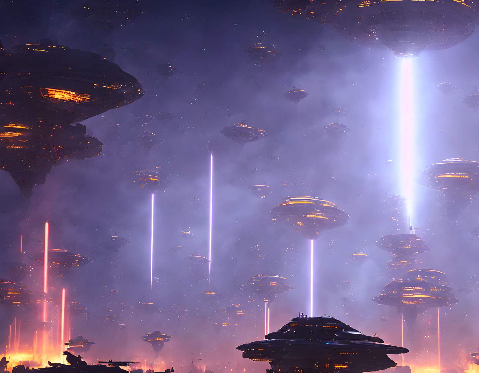 Sci-fi scene: Large spaceships hover in dusky sky with light beams on fiery landscape.